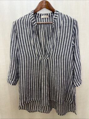 CP Shades Blue & White Striped Linen Tunic Top Size Small Excellent Condition